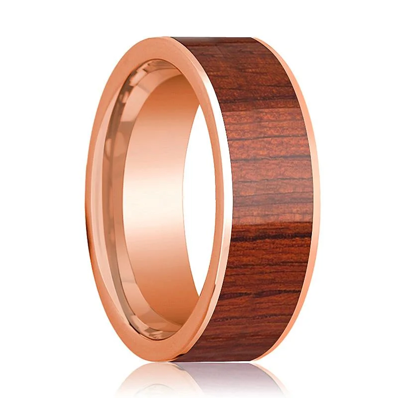 Women’s large diamond ring-Polished 14k Rose Gold Men's Wedding Band with Padauk Wood Inlay - 8MM