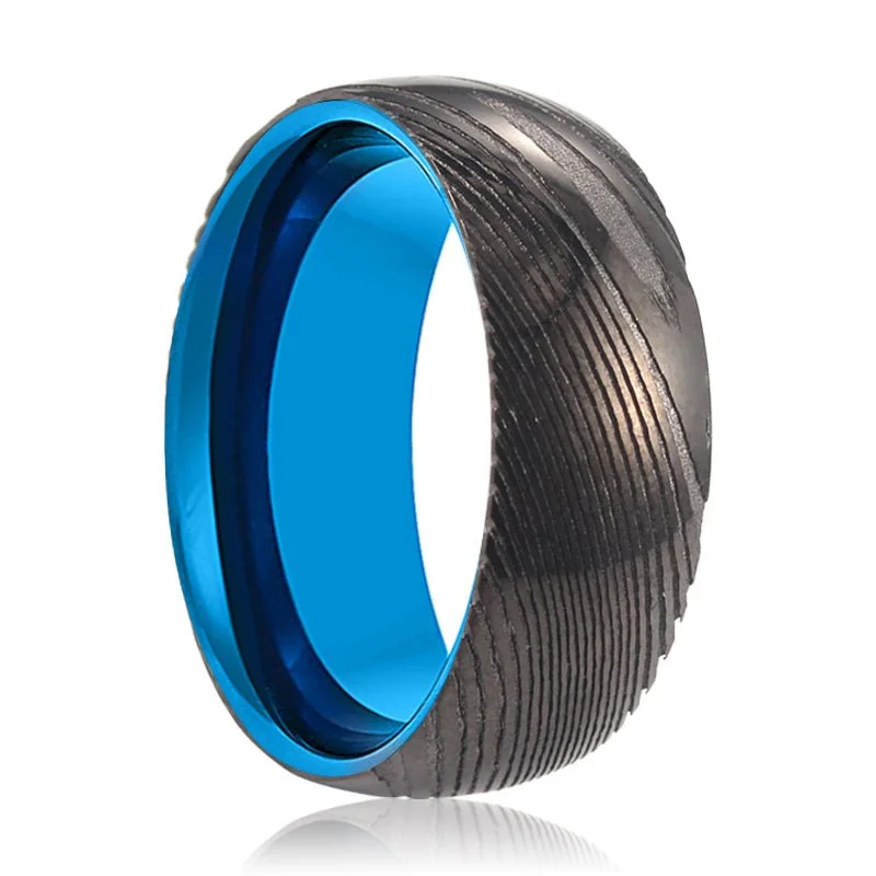 Women’s wedding band for women-LIVIA | Blue Tungsten Ring, Gunmetal Damascus Steel Ring, Domed