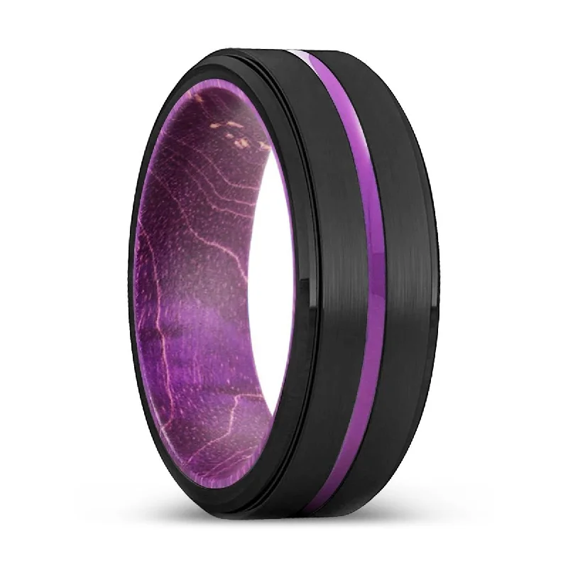 Women’s cushion cut engagement ring-LISMORE | Purple Wood, Black Tungsten Ring, Purple Groove, Stepped Edge