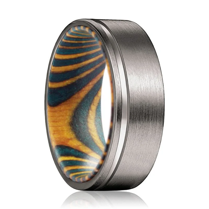 Women’s two-tone wedding ring-BECK | Green and Yellow Wood, Gunmetal Tungsten Offset Groove