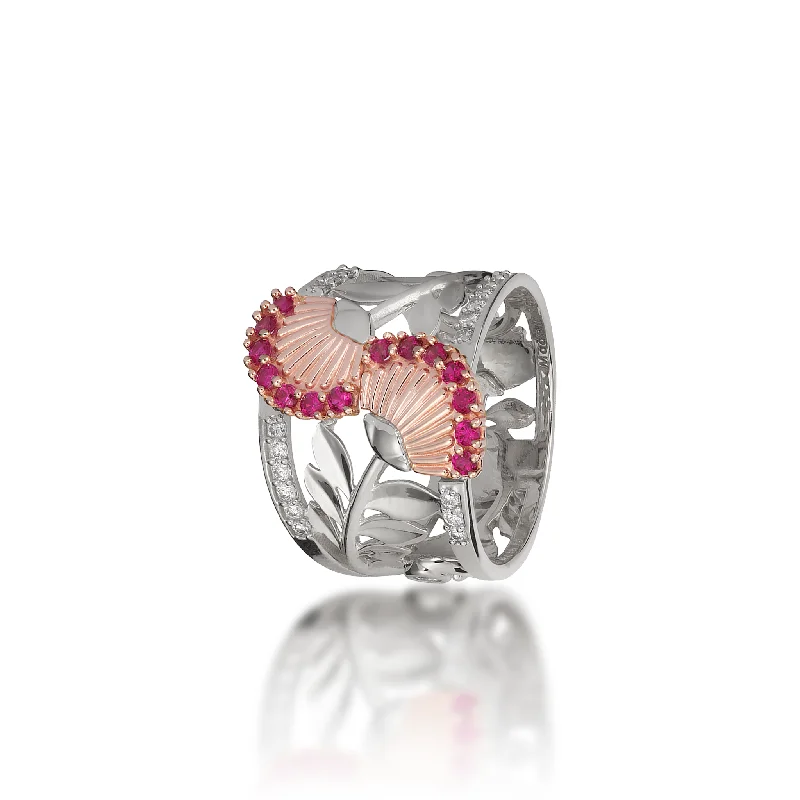 Women’s elegant solitaire engagement rings-ʻŌhiʻa Lehua Ruby Ring in Two Tone Gold with Diamonds