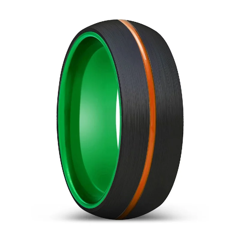 Women’s silver wedding ring-OUTLAW | Green Ring, Black Tungsten Ring, Orange Groove, Domed