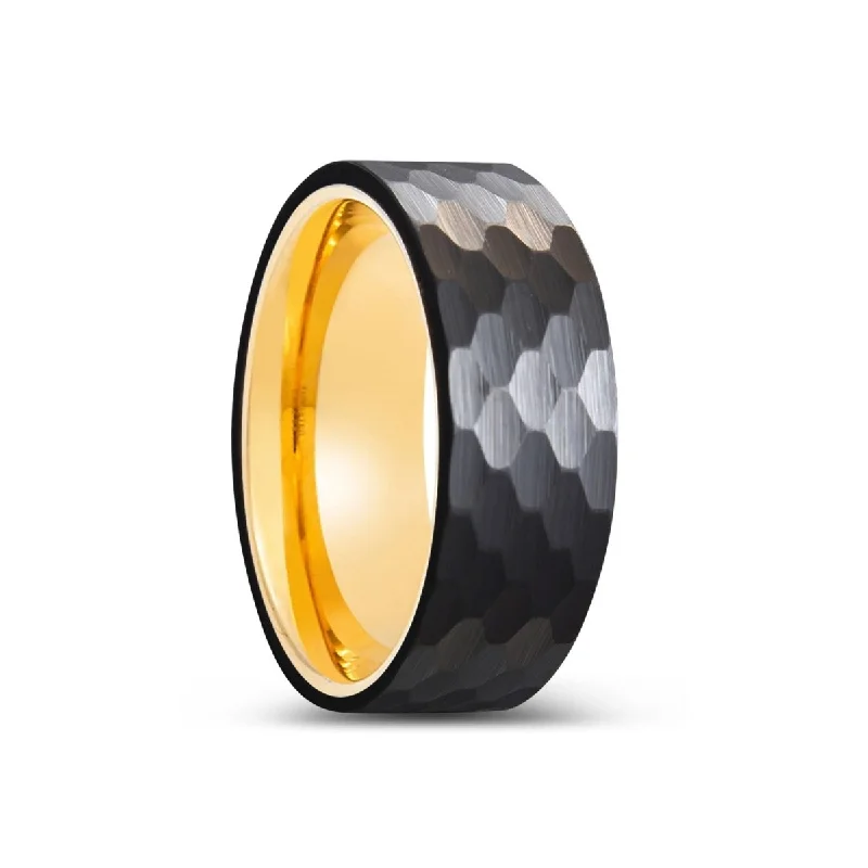 Women’s handmade wedding ring-KNOX | Gold Ring, Black Tungsten Ring, Hammered, Flat