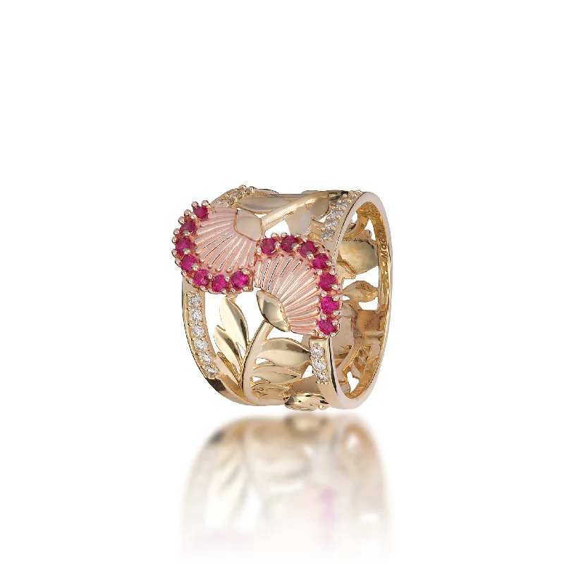 Women’s black diamond engagement rings-ʻŌhiʻa Lehua Ruby Ring in Two Tone Gold with Diamonds