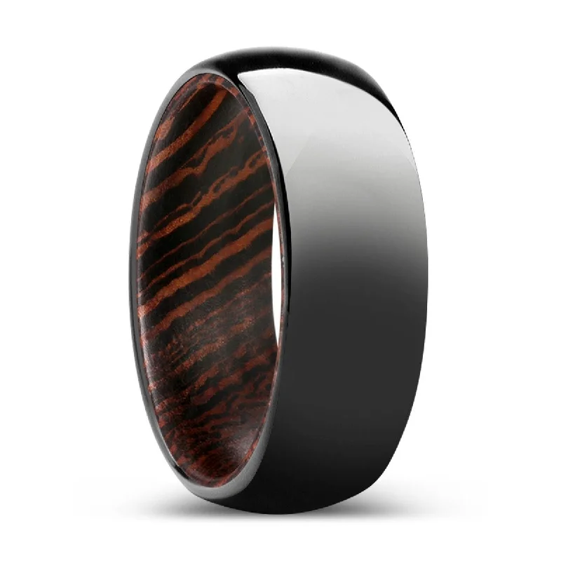 Women’s wedding band for women-WOODVALE | Wenge Wood, Black Tungsten Ring, Shiny, Domed