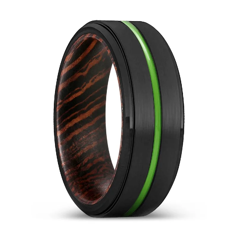 Women’s wedding ring for men-HAYWARD | Wenge Wood, Black Tungsten Ring, Green Groove, Stepped Edge