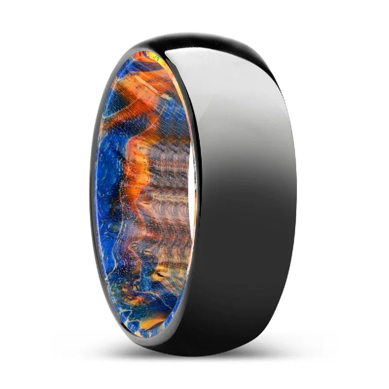 Women’s platinum ring-WOODLAND | Blue & Yellow/Orange Wood, Black Tungsten Ring, Shiny, Domed