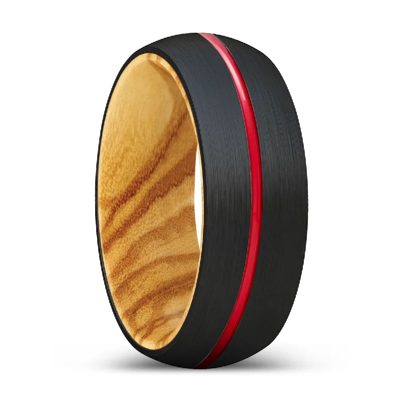 Women’s unique wedding ring-BLUSTER | Olive Wood, Black Tungsten Ring, Red Groove, Domed