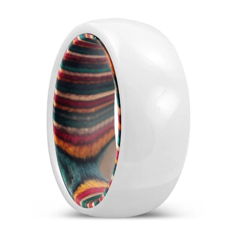 Women’s platinum ring-EMPOWER | Multi Color Wood, White Ceramic Ring, Domed