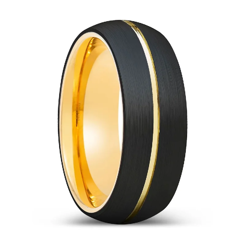 Women’s wedding band for women-ZDENKO | Gold Ring, Black Tungsten Ring, Gold Groove, Domed