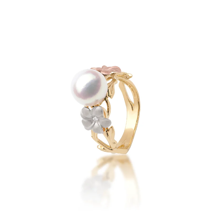 Women’s timeless engagement rings-Pearls in Bloom Plumeria Akoya White Pearl Ring in Tri Color Gold with Diamonds - 8mm