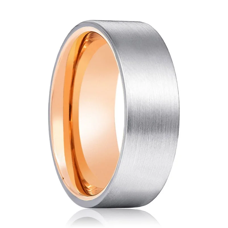 Women’s white gold ring-NORSK | Rose Gold Ring, Silver Tungsten Ring, Brushed, Flat