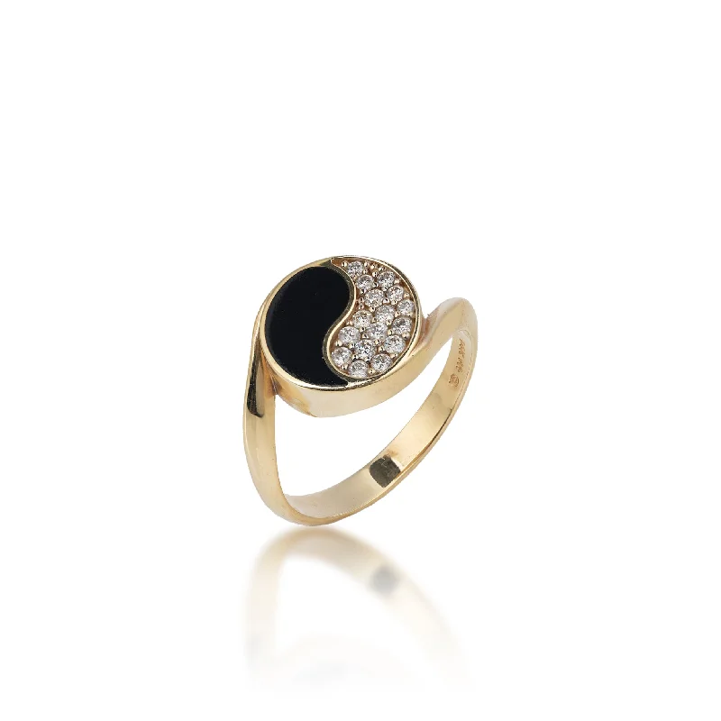 Women’s yellow gold engagement rings-Yin Yang Black Coral Ring in Gold with Diamonds - 12mm