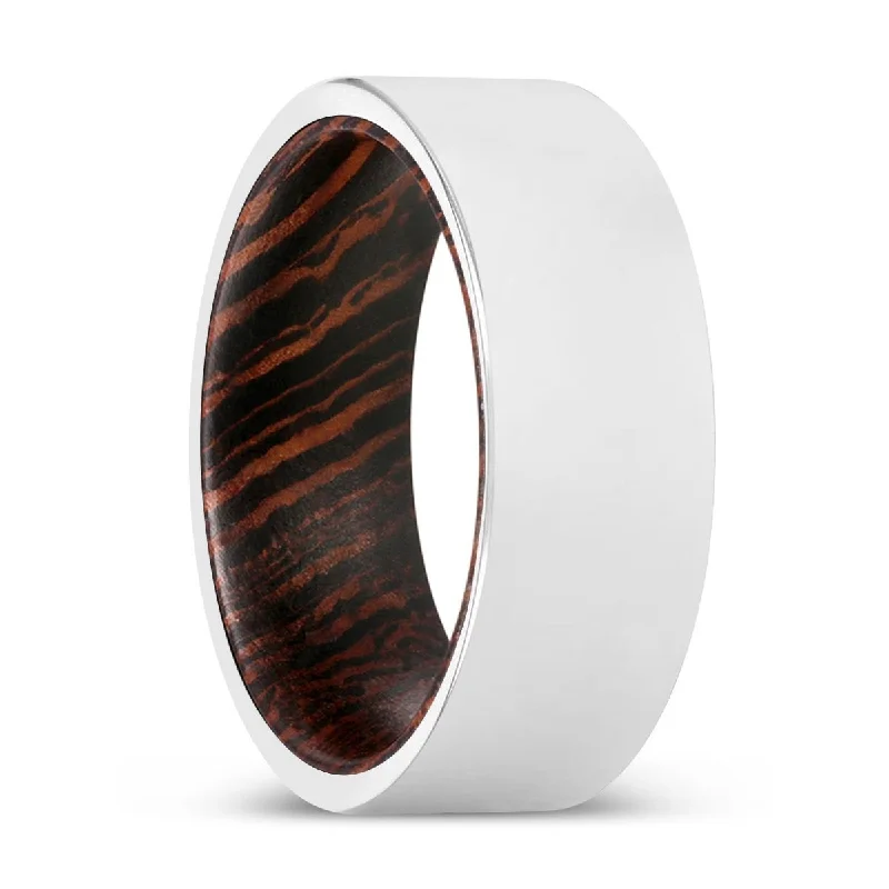 Women’s yellow gold wedding ring-BOOKER | Wenge Wood, Silver Tungsten Ring, Shiny, Flat