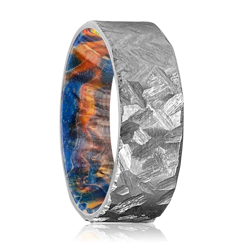 Women’s wedding ring set-GRANTHAM | Blue & Yellow/Orange Wood, Silver Titanium Ring, Hammered, Flat