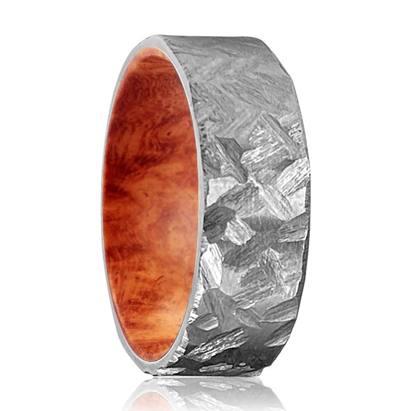 Women’s engagement ring with big stone-HARKIN | Red Burl Wood, Silver Titanium Ring, Hammered, Flat