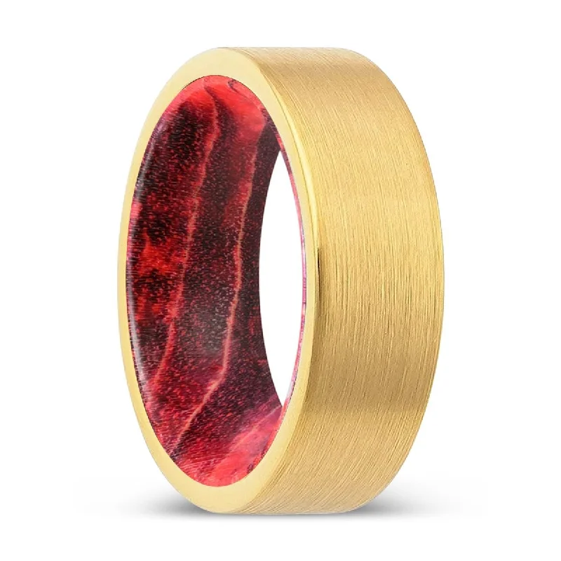 Women’s platinum engagement ring-WOODPINE | Black & Red Wood, Gold Tungsten Ring, Brushed, Flat