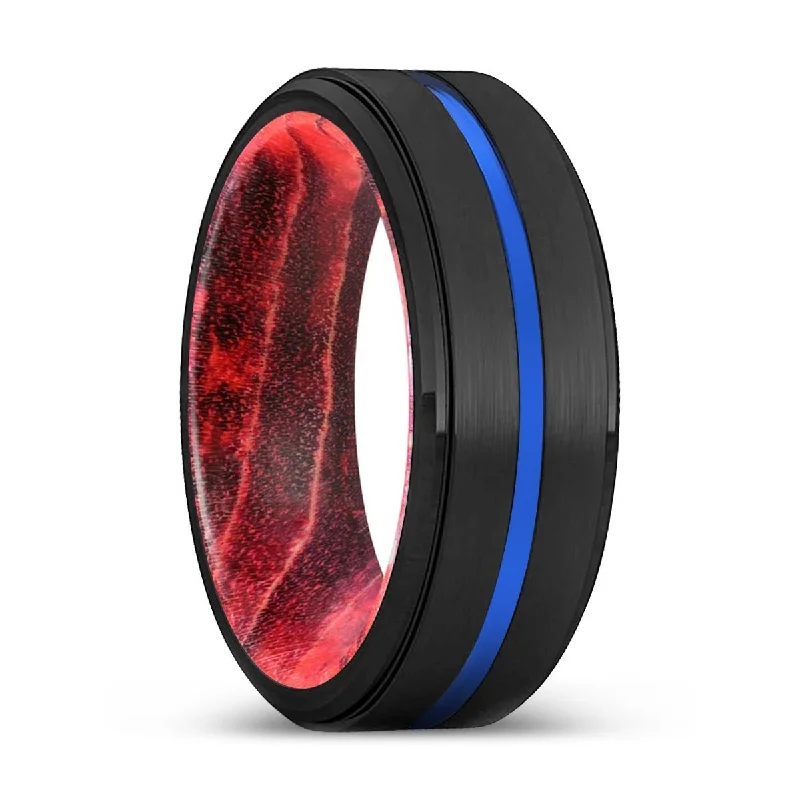 Women’s stackable rings-VERTEX | Black & Red Wood, Black Tungsten Ring, Blue Groove, Stepped Edge