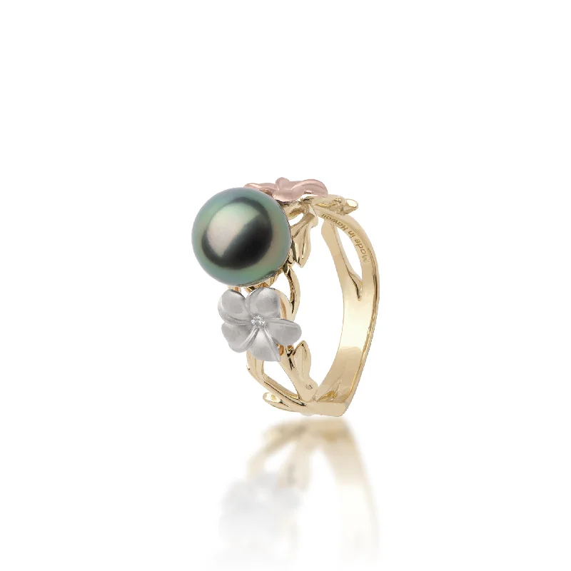 Women’s trendy engagement rings-Pearls in Bloom Plumeria Tahitian Black Pearl Ring in Tri Color Gold with Diamonds - 8mm