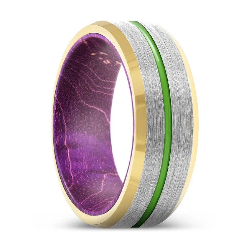 Women’s eco-friendly engagement ring-TINGE | Purple Wood, Silver Tungsten Ring, Green Groove, Gold Beveled Edge