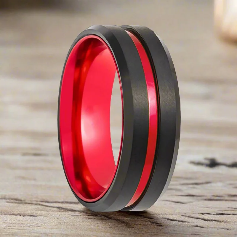 Women’s round diamond engagement ring-BUGATTI | Red Ring, Black Tungsten, Red Groove, Beveled Edges