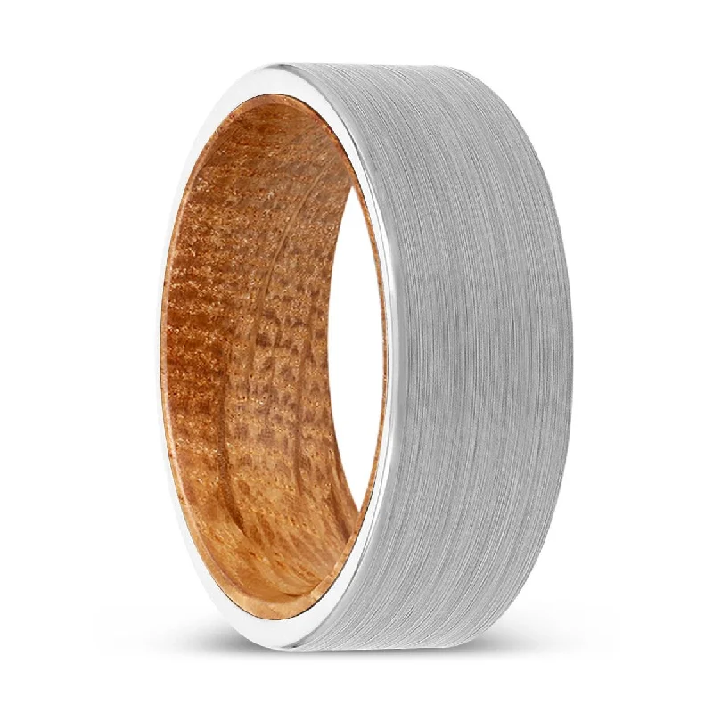 Women’s elegant diamond ring-EASTWOOD | Whiskey Barrel Wood, White Tungsten Ring, Brushed, Flat