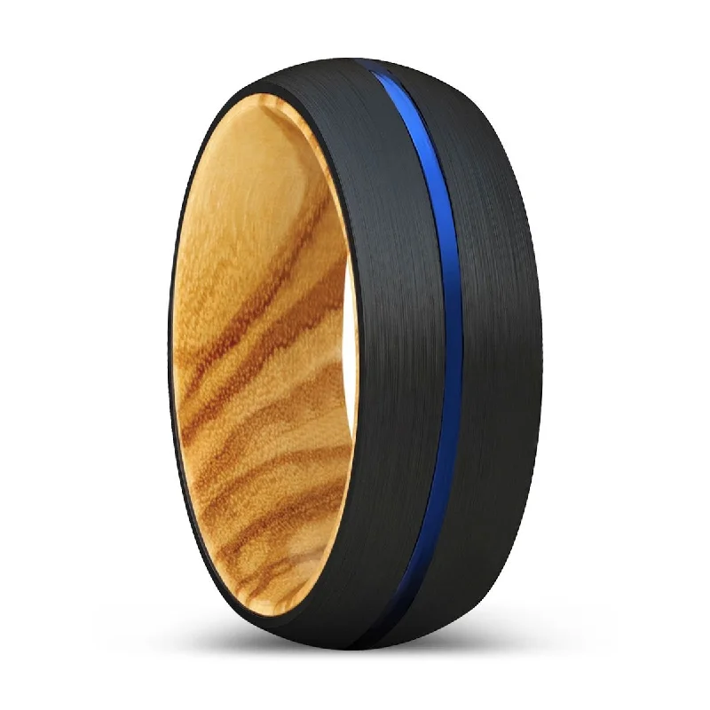 Women’s platinum ring-MIKEY | Olive Wood, Black Tungsten Ring, Blue Groove, Domed