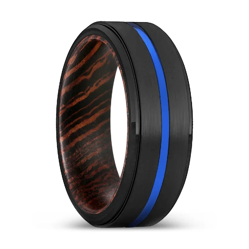 Women’s oval engagement ring-EQUINOX | Wenge Wood, Black Tungsten Ring, Blue Groove, Stepped Edge