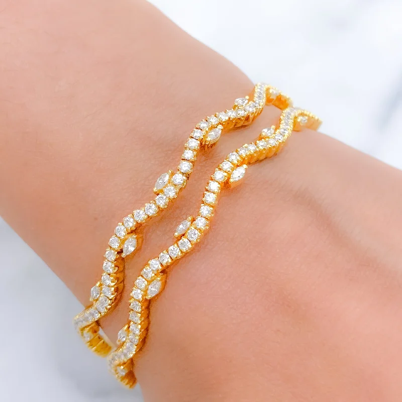 Women’s boho bracelet-Wave Design Diamond + 18k Gold Bangle Pair