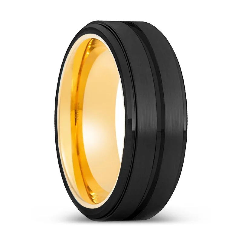 Women’s large diamond ring-BAZOOKA | Gold Ring, Black Tungsten Ring, Grooved, Stepped Edge