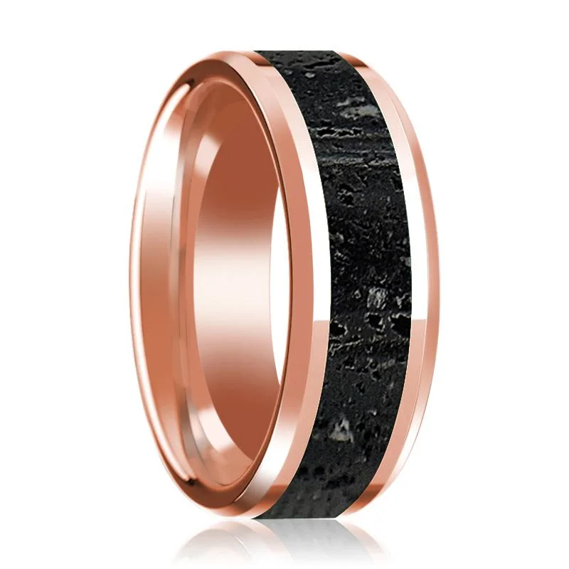 Women’s designer engagement rings-Lava Rock Stone Inlaid 14k Rose Gold Polished Wedding Band for Men with Beveled Edges - 8MM