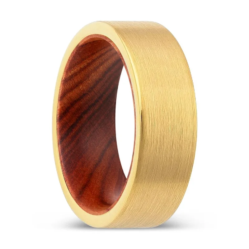 Women’s antique diamond ring-AZALEA | IRON Wood, Gold Tungsten Ring, Brushed, Flat