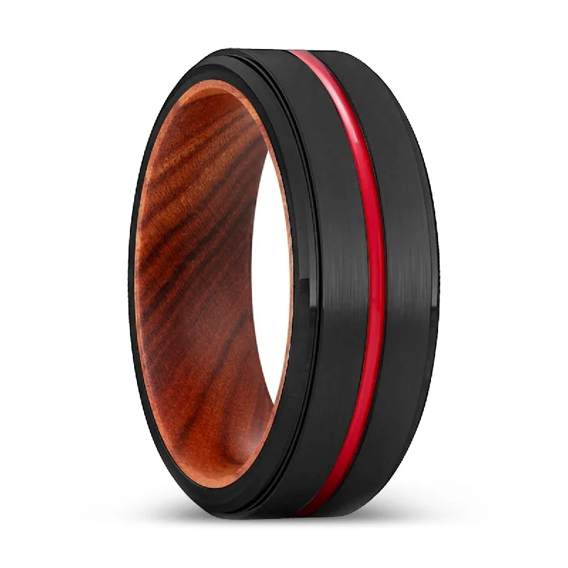 Women’s solitaire engagement ring-BUTCHER | IRON Wood, Black Tungsten Ring, Red Groove, Stepped Edge