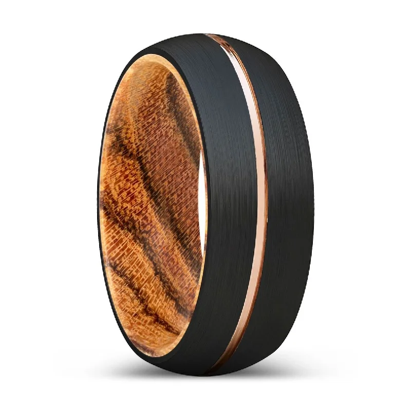 Women’s simple diamond engagement ring-MAMBO | Bocote Wood, Black Tungsten Ring, Rose Gold Groove, Domed