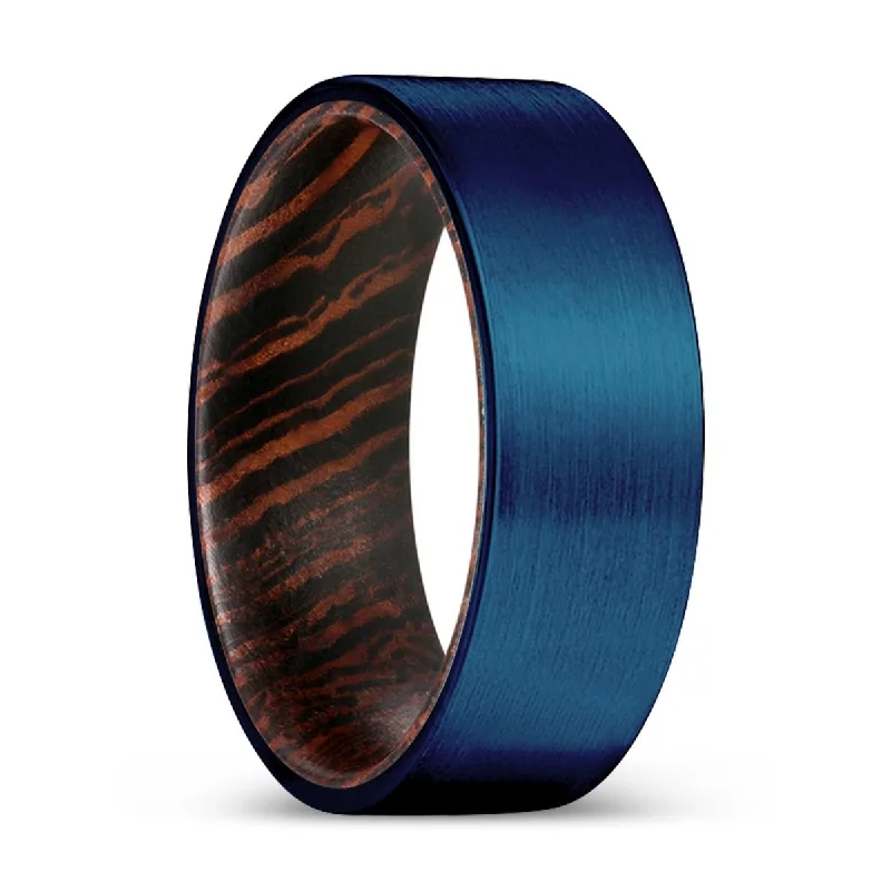 Women’s engagement ring with emerald-FREEBIRD | Wenge Wood, Blue Tungsten Ring, Brushed, Flat