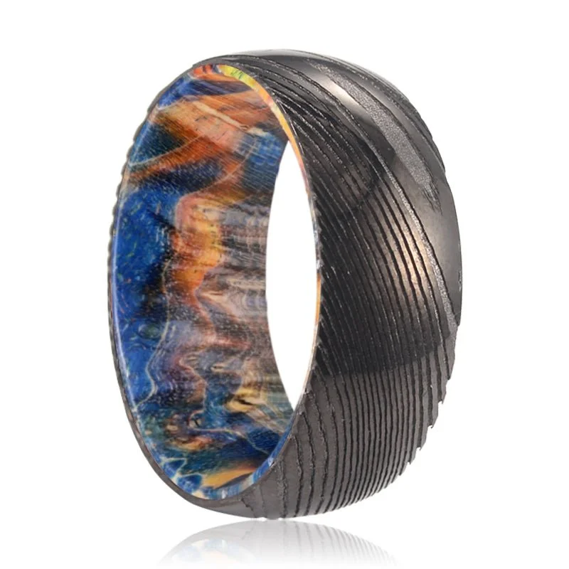 Women’s floral engagement ring-LUKE | Blue & Yellow/Orange Wood, Gunmetal Damascus Steel Ring, Domed