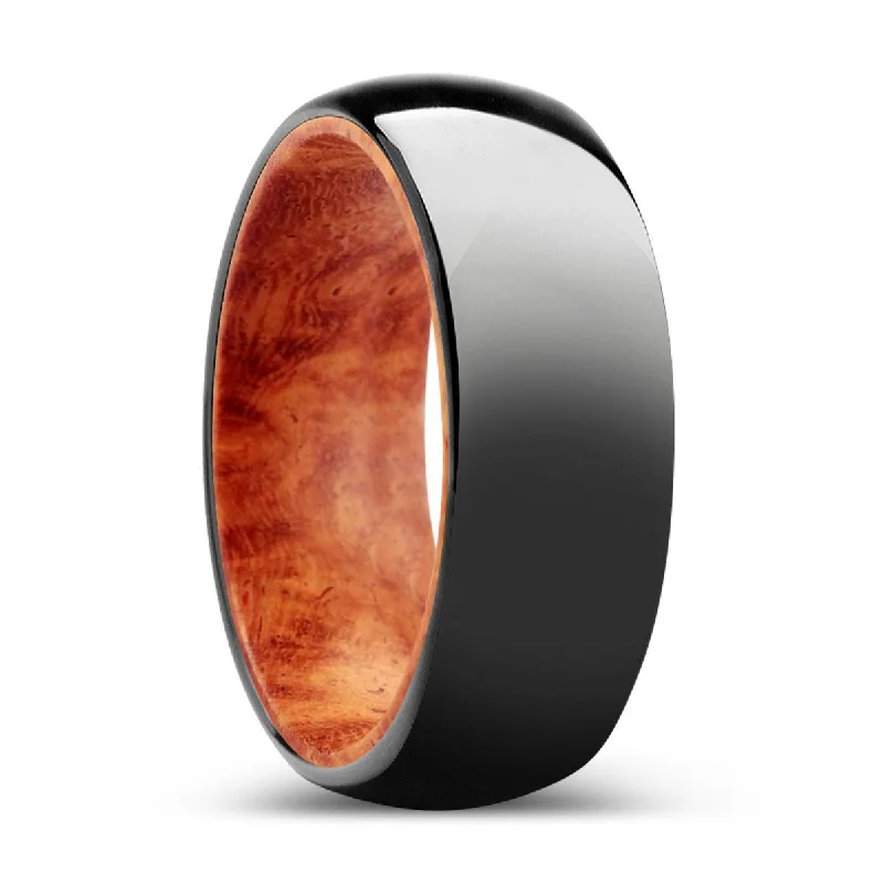 Women’s engagement rings with intricate details-WOODLANDIA | Red Burl Wood, Black Tungsten Ring, Shiny, Domed Tungsten