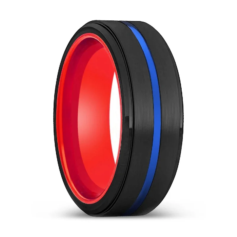 Women’s men’s engagement ring-MONK | Red Ring, Black Tungsten Ring, Blue Groove, Stepped Edge