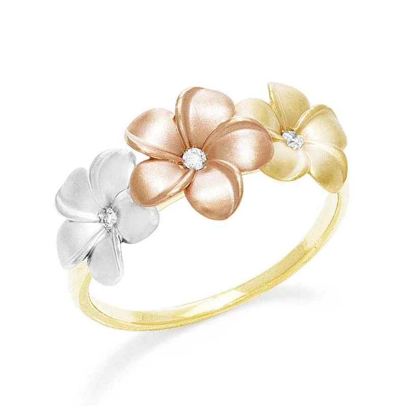 Women’s yellow gold engagement rings-Plumeria Ring in Tri Color Gold with Diamonds - 10mm