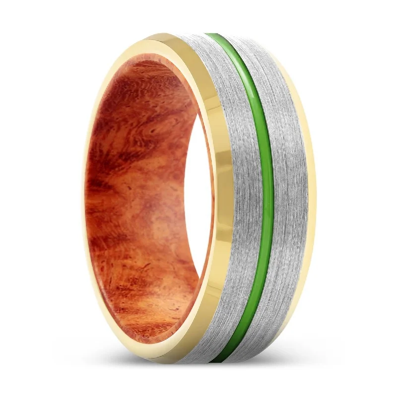 Women’s large gold ring-BLISS | Red Burl Wood, Silver Tungsten Ring, Green Groove, Gold Beveled Edge