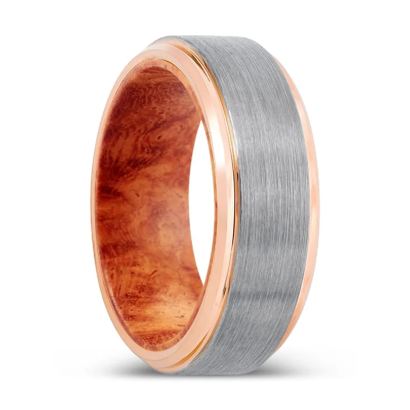 Women’s wedding ring with colored diamonds-ZYN | Red Burl Wood, Silver Tungsten Ring, Brushed, Rose Gold Stepped Edge