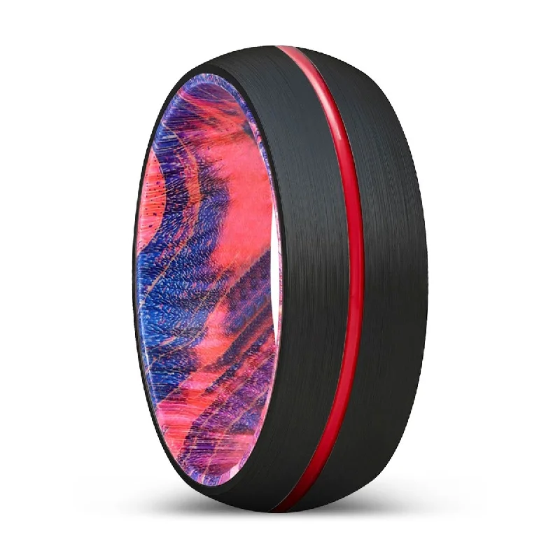 Women’s wedding ring with halo-JAX | Blue & Red Wood, Black Tungsten Ring, Red Groove, Domed