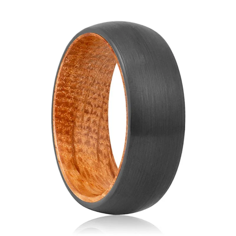 Women’s engagement rings with modern setting-FRASER | Whiskey Barrel Wood, Black Tungsten Ring, Brushed, Domed