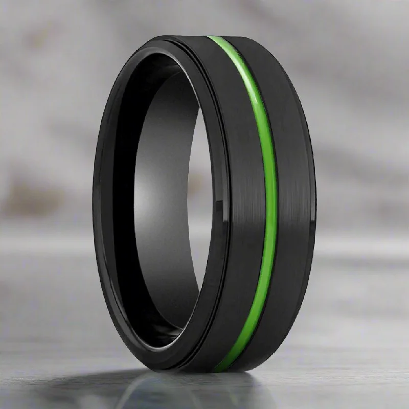 Women’s silver wedding ring-REAPER | Black Ring, Black Tungsten Ring, Green Groove, Stepped Edge