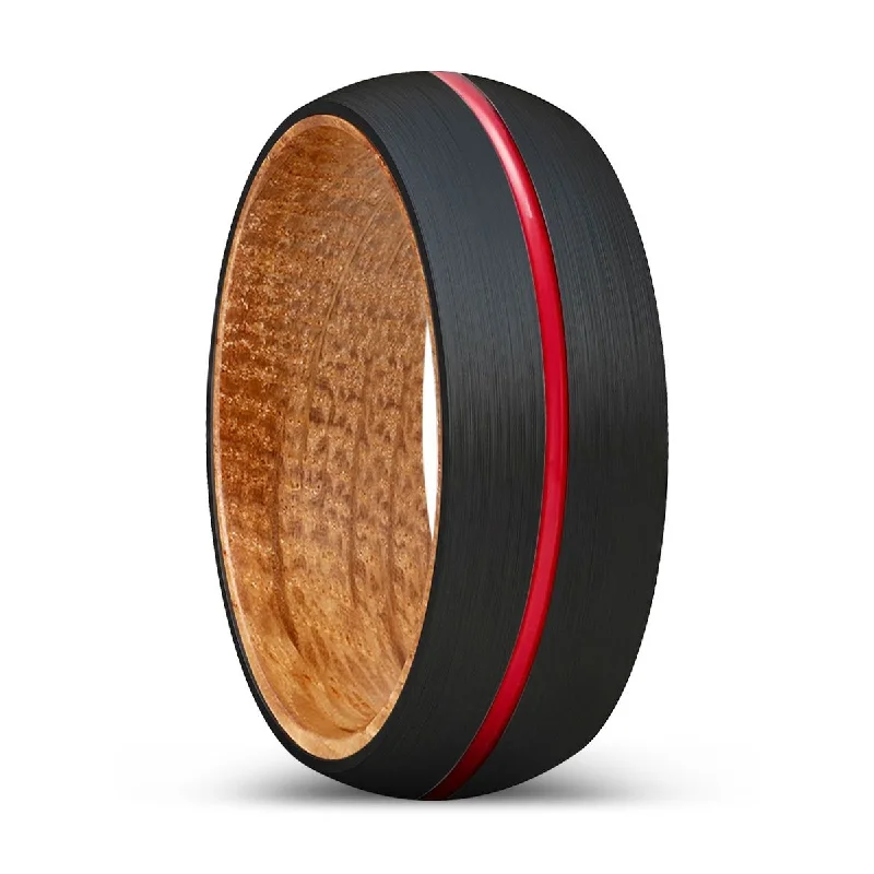 Women’s rose gold engagement ring-DARTH | Whiskey Barrel Wood, Black Tungsten Ring, Red Groove, Domed