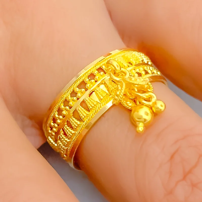 Women’s vintage gold ring-Stately Beaded 22K Gold Band Ring