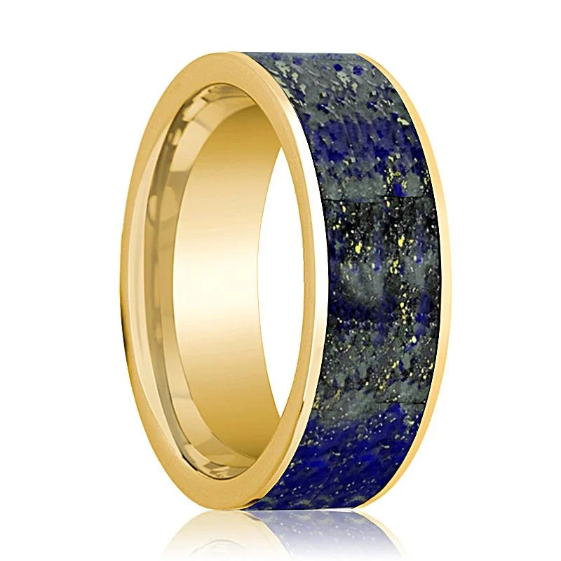 Women’s vintage engagement rings with a twist-Flat Polished 14k Yellow Gold Men's Wedding Band with Blue Lapis Lazuli Inlay - 8MM