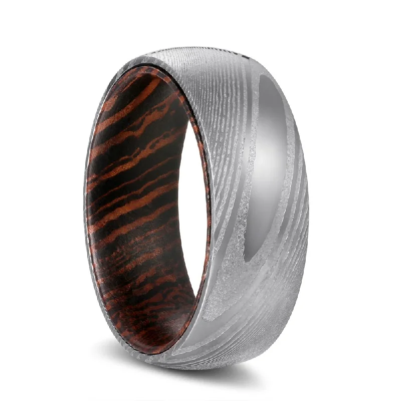 Women’s gold wedding band-PROTECTOR | Wenge Wood, Silver Damascus Steel, Domed