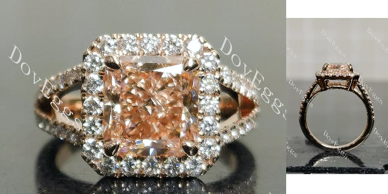 Women’s gold engagement rings-Doveggs radiant halo split shanks colored gem engagement ring