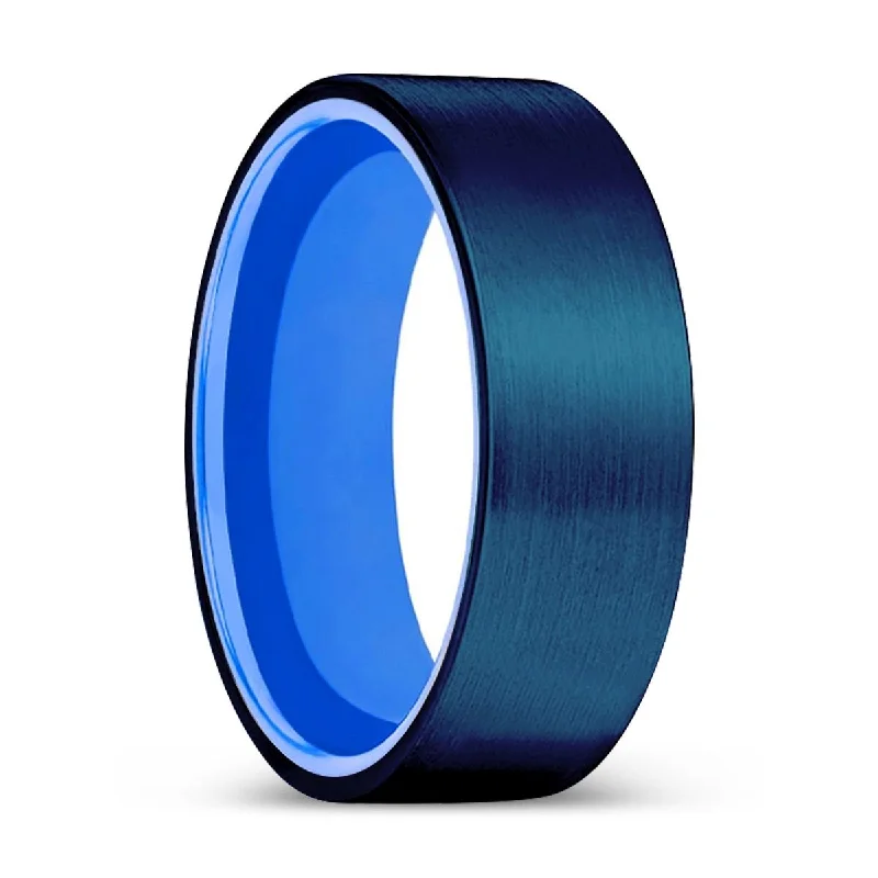 Women’s gold wedding band-LUGANO | Blue Ring, Blue Tungsten Ring, Brushed, Flat